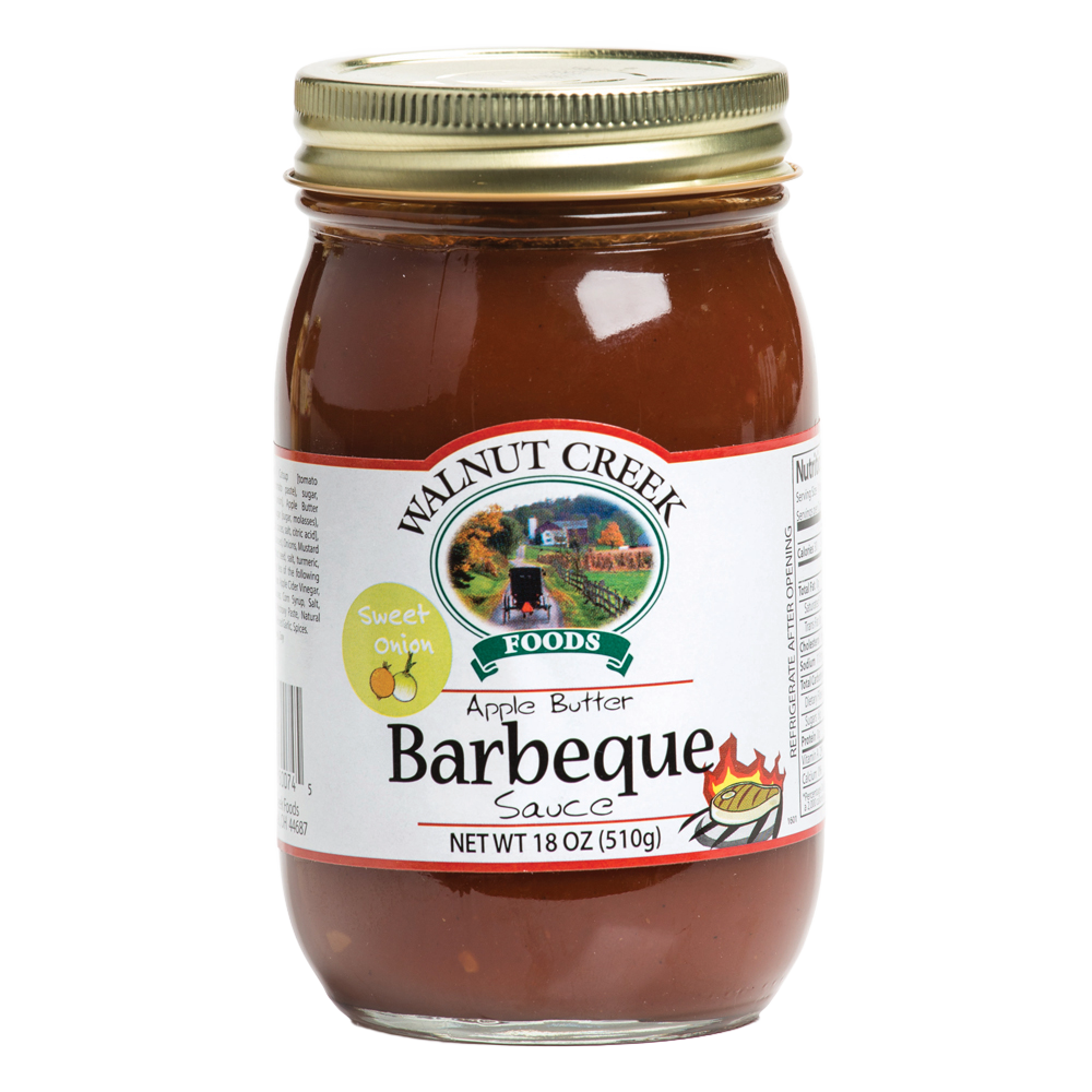 Glass jar of handcrafted sweet onion apple butter barbeque sauce with metal lid, made in USA, ideal for Farm, Garden & Tool, Kitchen & Food, Apple Harvest Supplies, Food, Pantry, USA Made, Best Sellers, and Promo Eligible collections.