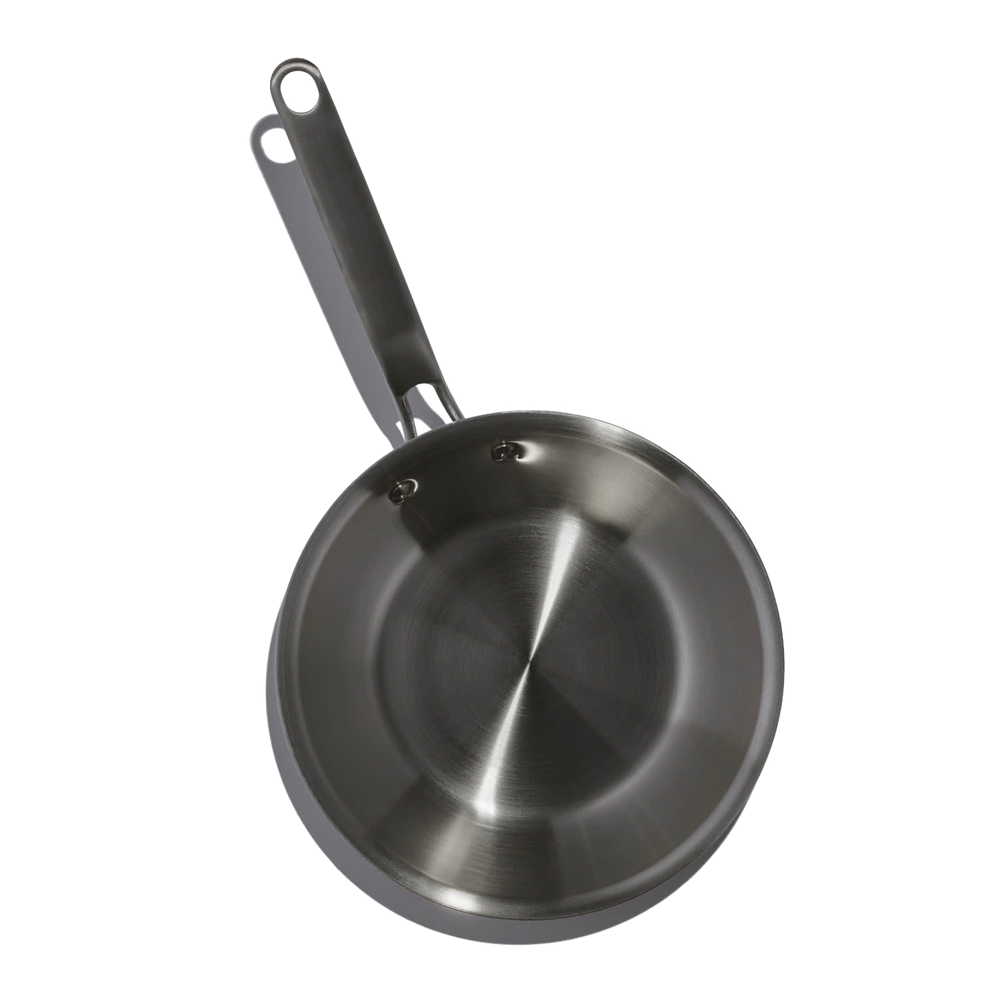 Top-down view of a handcrafted fully clad stainless steel fry pan with riveted handle, designed for even heat distribution, featured in Kitchen & Food, Cookware, and Best Sellers collections.