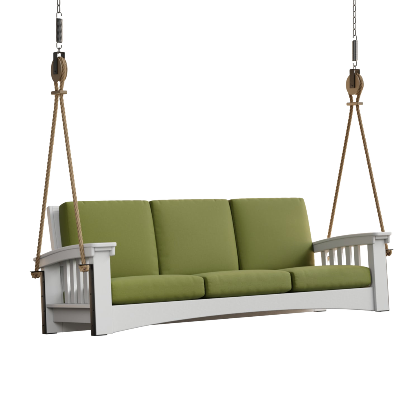 Handcrafted Mission Sofa 7 ft rope swing with olive green cushions, suspended by natural rope and wooden elements, featured in Home & Decor, Outdoor Furniture, USA Made, Amish Made, Best Sellers, Promo Eligible collections.