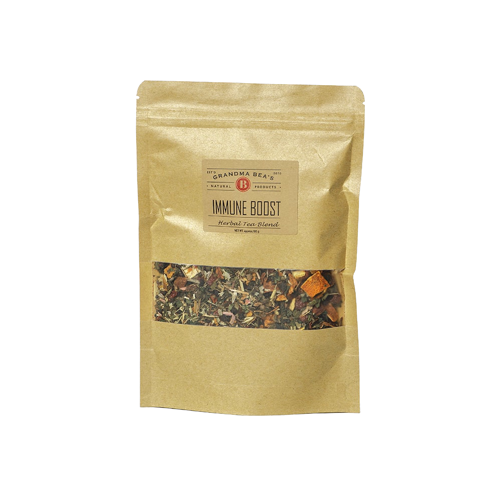 Resealable kraft paper bag of handcrafted Immune Boost herbal tea blend with visible loose leaves and herbs, made in USA, ideal for Kitchen & Food, Brewing Coffee and Tea, Best Sellers, Promo Eligible collections.