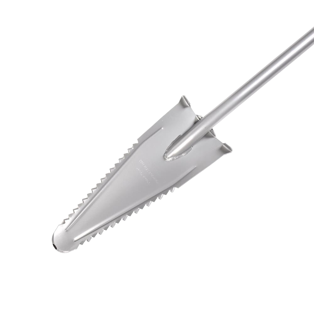 Handcrafted mini serrated shovel with a steel blade and long handle, designed for precise digging in farm, garden, and cultivating tasks, featured in Best Sellers and Garden Accessories.