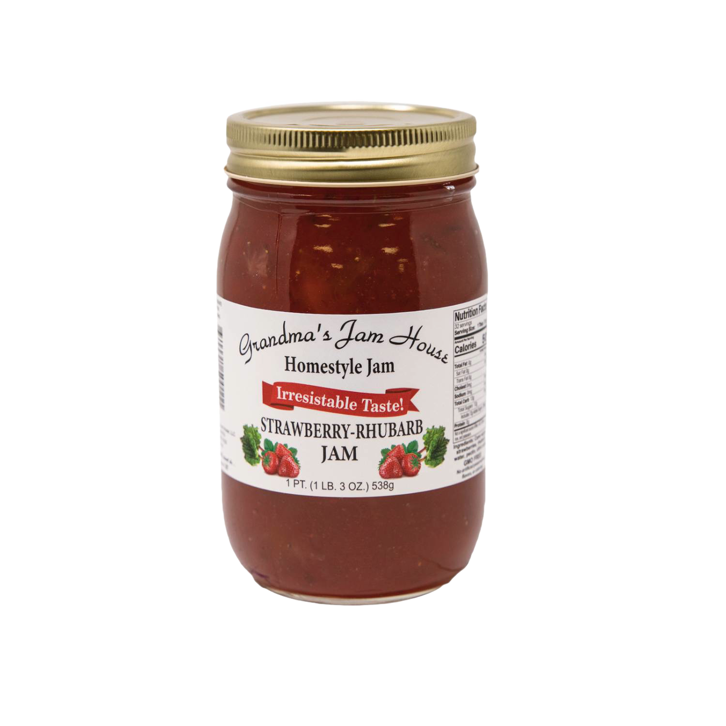 Handcrafted jar of strawberry-rhubarb jam with gold metal lid and white label featuring fruit illustrations and “Irresistible Taste” banner, made in USA, ideal for Kitchen & Food, Pantry, Peanut Butter & Jellies, Best Sellers, and Promo Eligible collections.