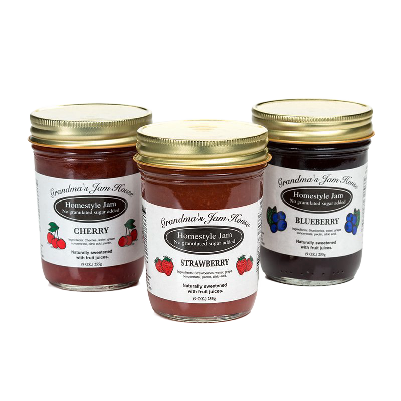 Three handcrafted glass jars of no sugar added homestyle jam in cherry, strawberry, and blueberry flavors, naturally sweetened with fruit juices, made in USA, perfect for Kitchen & Food and Promo Eligible collections.