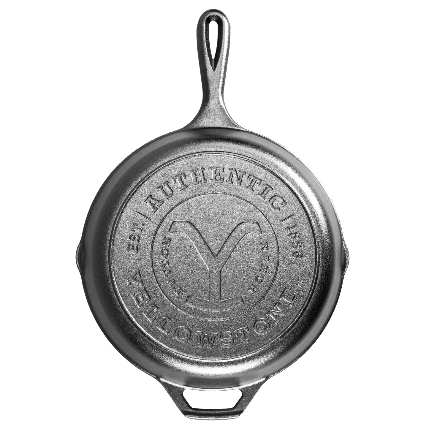 Handcrafted cast iron skillet featuring a raised "Power Y" emblem, made in USA, ideal for Kitchen & Food, Cookware, Cast Iron, USA Made, Best Sellers, and Promo Eligible collections.