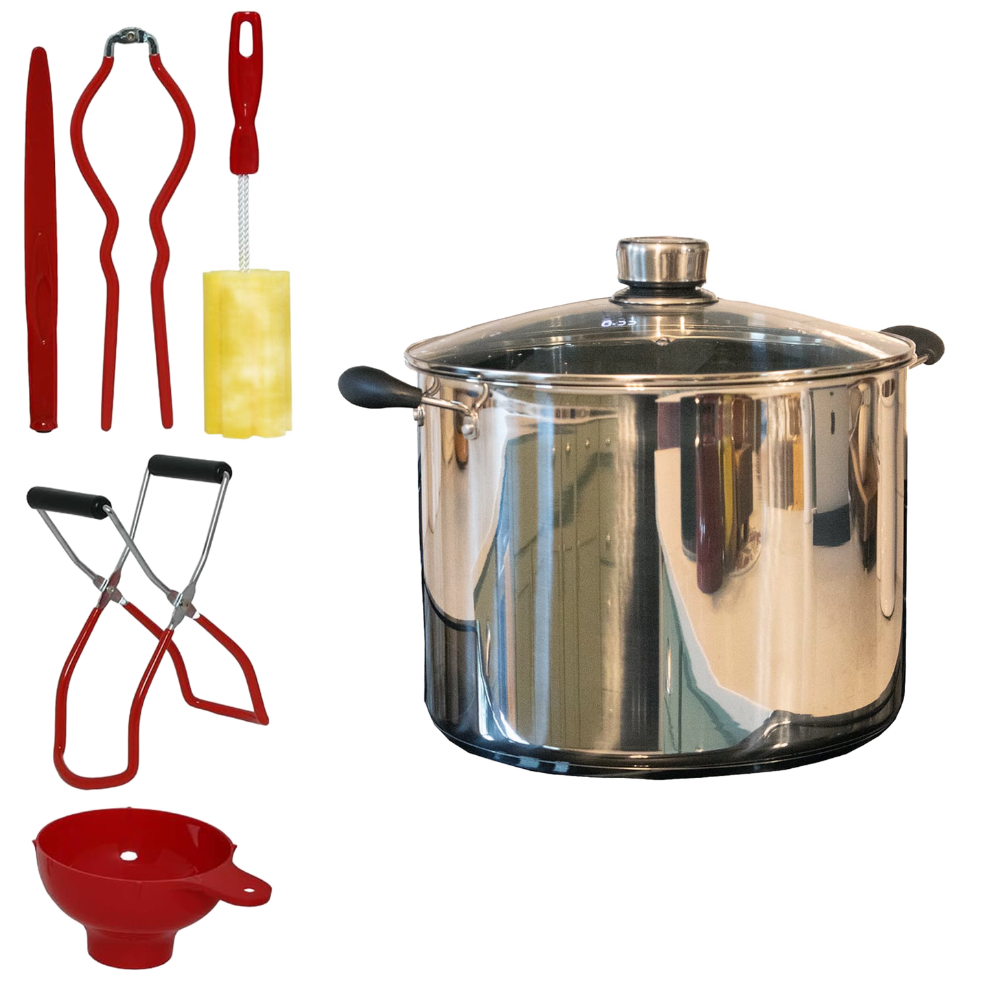 Handcrafted Amish-made 21.5-quart stainless steel water bath canner with clear lid and five essential red-handled tools including funnel, jar lifter, and tongs for Kitchen & Food, Food Preservation, and Canning collections.