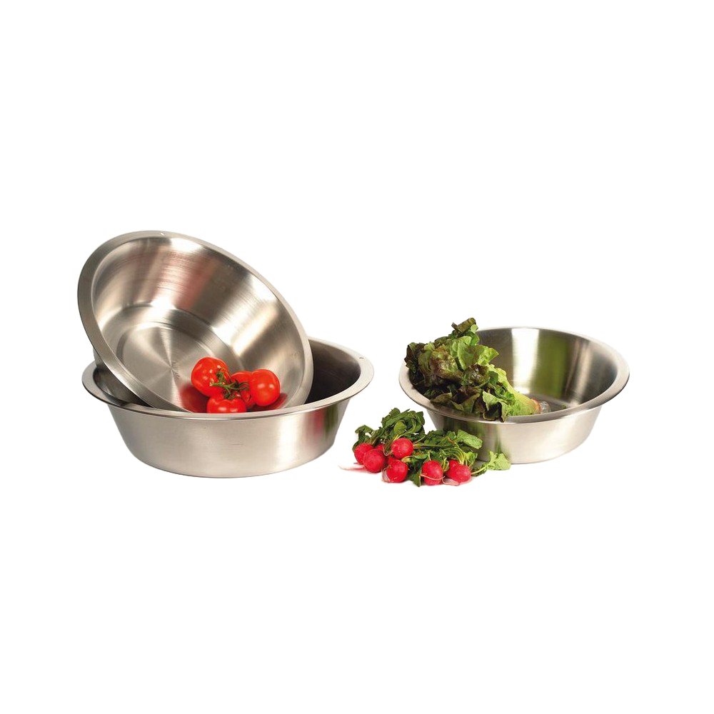 Set of deep round stainless steel dishpans with flat bases, showing fresh cherry tomatoes, leafy greens, and radishes, ideal for Home & Decor, Household Cleaning, and Cleaning Utensils collections.