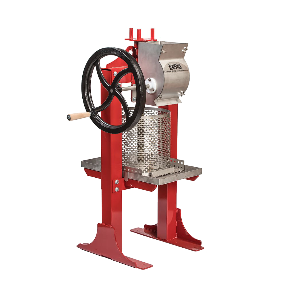 Handcrafted Lehman's stainless steel cider press with a bright red frame and black hand crank, featuring a perforated basket, ideal for orchard and farm use in Farm, Garden & Tool and Apple Harvest Supplies collections.