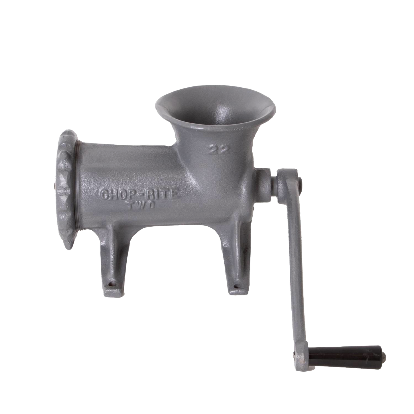 Gray cast iron hand-crank bolt-down meat grinder with embossed brand name and number, featuring durable Xylon coating for corrosion resistance, ideal for Kitchen & Food and Butchering Supplies collections.