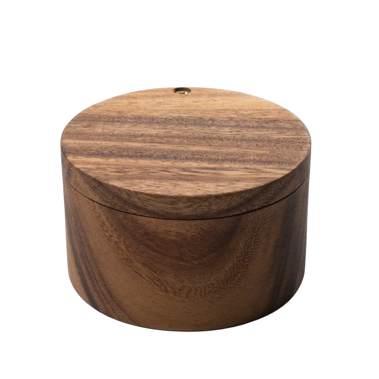 Handcrafted wooden salt cellar made of rich acacia wood with a smooth swivel lid, designed for Kitchen & Food, Storage and Serving, Best Sellers, and Promo Eligible collections.