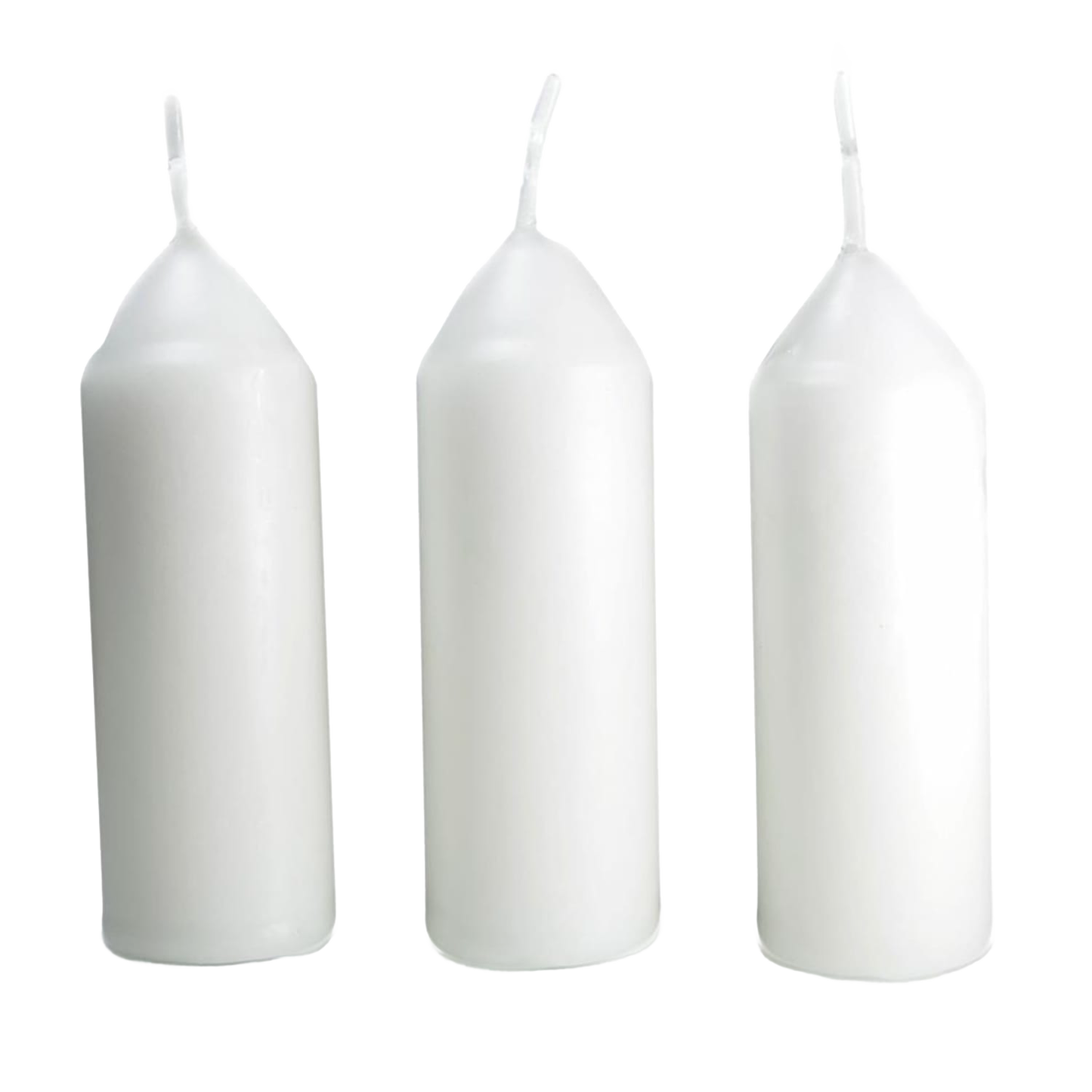 Three white replacement candles with upright wicks, designed for use in handcrafted candle lanterns during camping, outdoor activities, or emergency lighting situations.