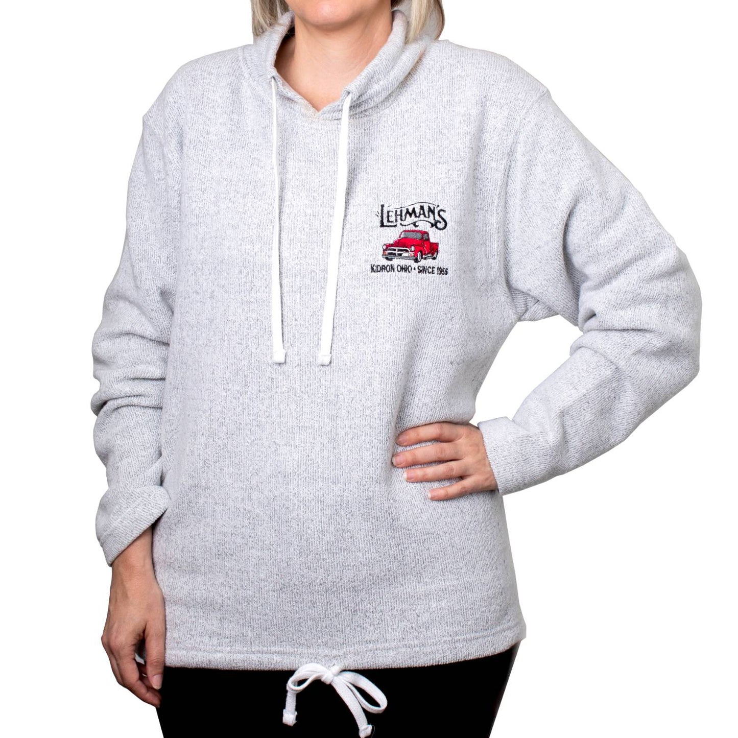 Person wearing a handcrafted light gray sweatshirt with a tunnel neck and adjustable white drawstrings, embroidered with a classic red truck and Lehman’s logo, featured in Health & Wellness, Clothing and Accessories, Best Sellers, and Promo Eligible collections.