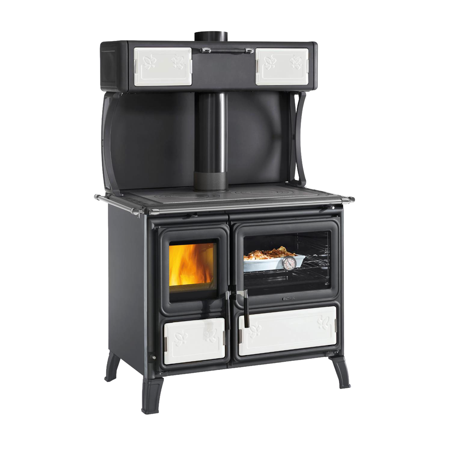 Unique handcrafted Milly wood cook stove with cast iron fire door, optional top food warmer, external air intake, and legs for easy cleaning, ideal for Stoves and Cookstoves collections.