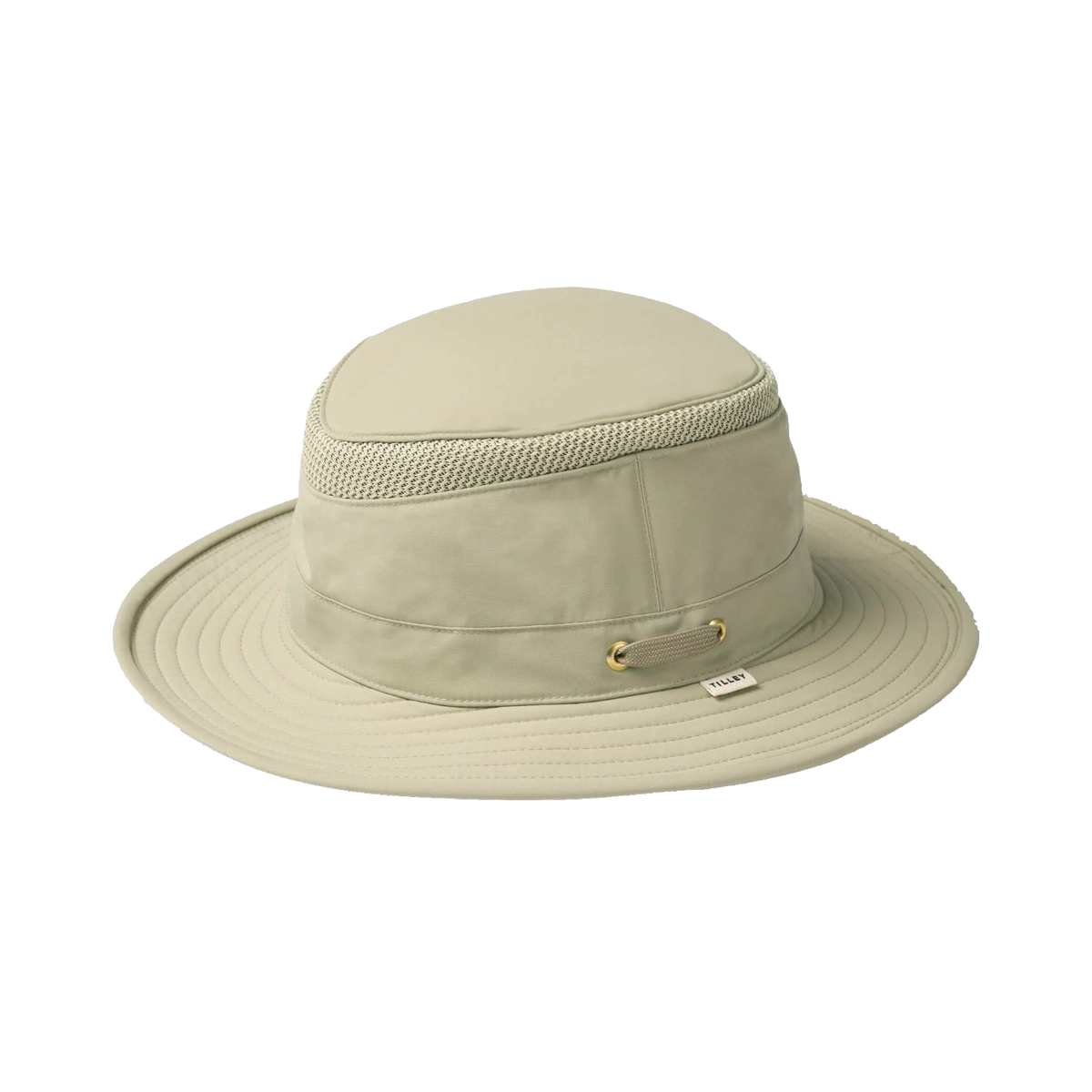 Khaki medium-brim hat with mesh ventilation and moisture-wicking fabric, designed for sun and rain protection during outdoor activities like camping, gardening, and wellness.