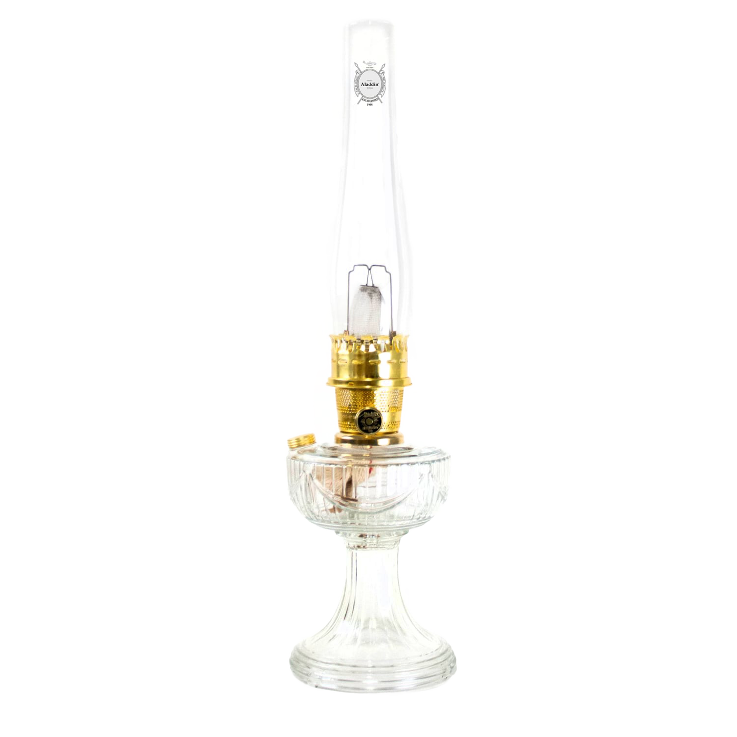 Handcrafted clear glass oil lamp with polished brass burner and tall chimney, featuring a classic design, part of Lamps & Lighting, Oil Lamps, Table Lamps, Best Sellers, and Promo Eligible collections.