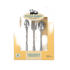 Three-piece stainless steel flatware set for babies and toddlers, including two spoons and one fork with textured handles, ideal for Kitchen & Food and Dinnerware collections.