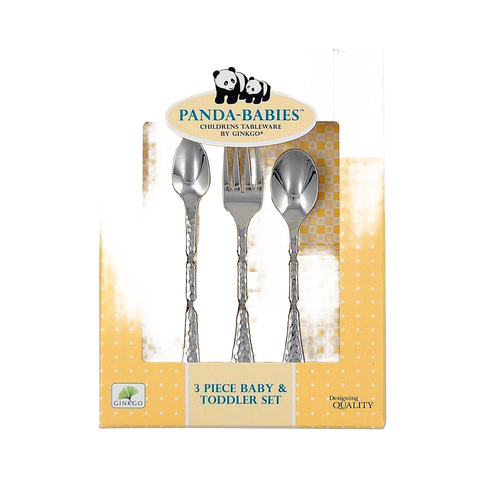 Three-piece stainless steel flatware set for babies and toddlers, including two spoons and one fork with textured handles, ideal for Kitchen & Food and Dinnerware collections.