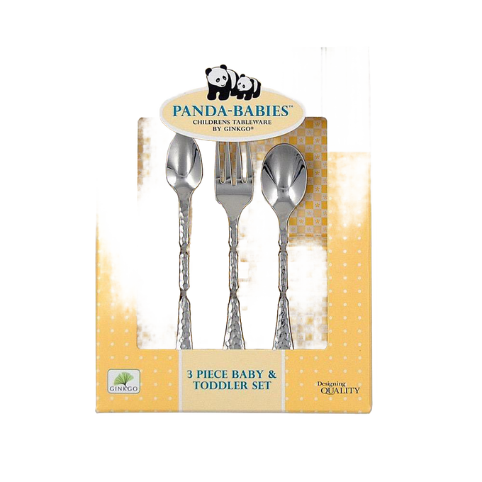 Three-piece stainless steel flatware set for babies and toddlers, including two spoons and one fork with textured handles, ideal for Kitchen & Food and Dinnerware collections.