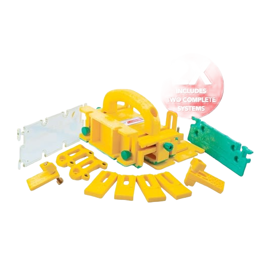 Yellow plastic woodworking jig with multiple interchangeable parts and clear attachment, showcased for precision tool use in DIY and woodworking collections.
