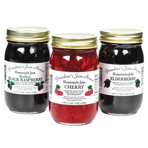 Three jars of handcrafted jams and jellies featuring black raspberry jam, cherry jam, and elderberry jelly with simple ingredients, made in USA, suitable for Kitchen & Food and Pantry collections.
