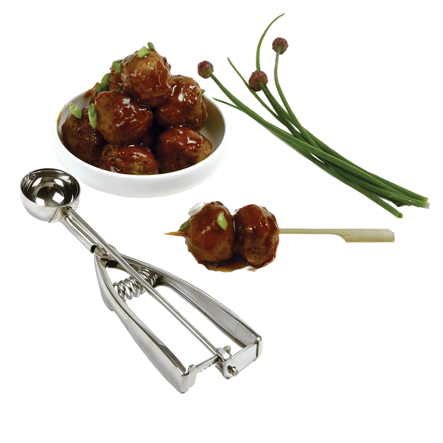 Stainless steel cookie dough scoop with spring handle next to a small bowl of glazed meatballs and chive garnishes, ideal for Kitchen & Food, Cookware, Baking Supplies, and Best Sellers collections, handcrafted quality.