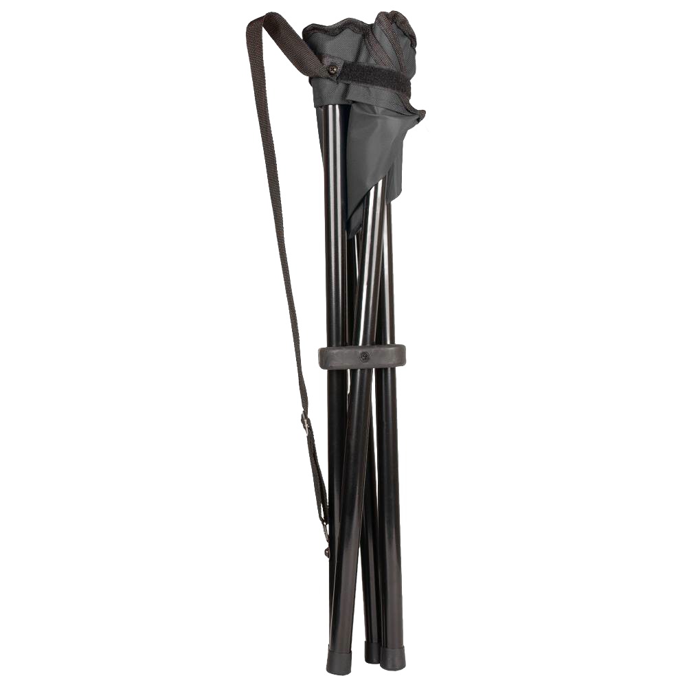 Folded lightweight four-legged stool with black metal frame and durable fabric seat, featuring a carry strap for easy transport, suitable for Farm, Garden & Tool, Camping, Best Sellers, Promo Eligible, and Sale collections.