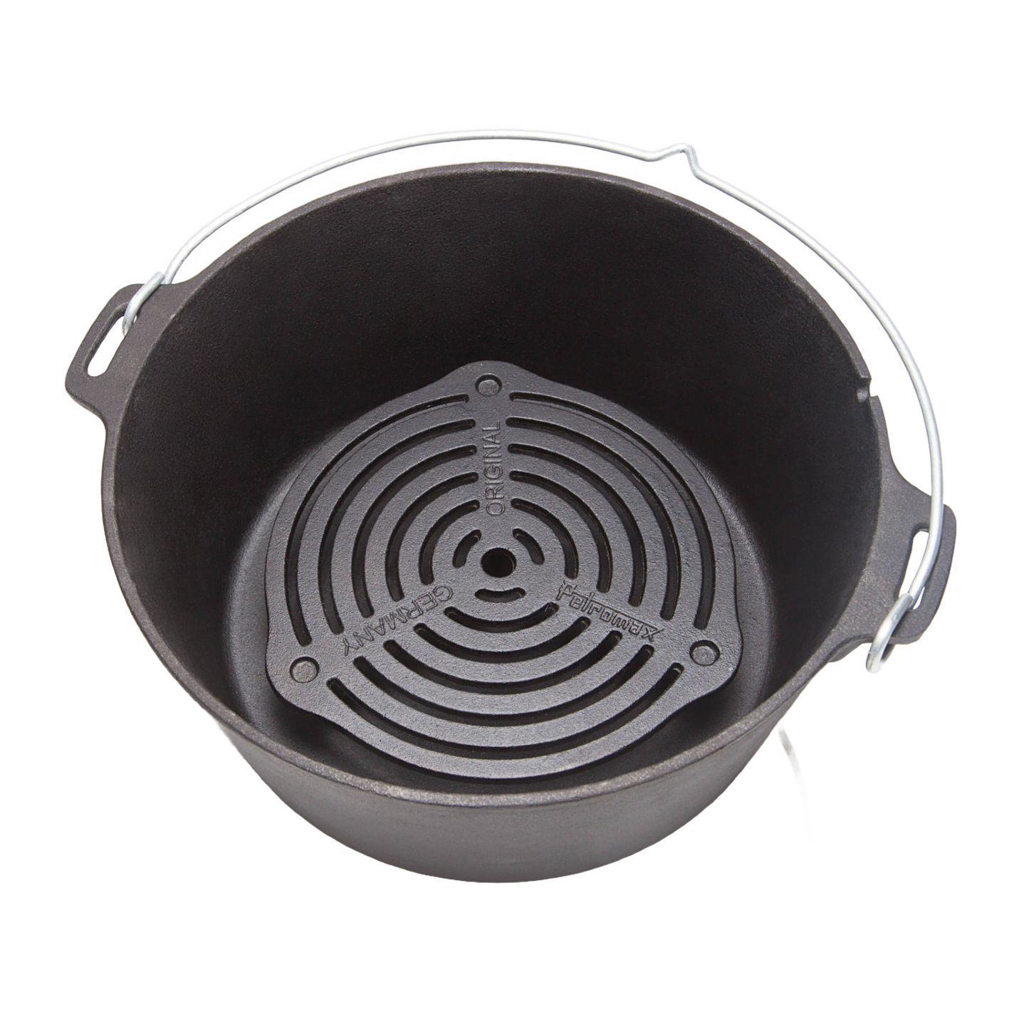 Cast iron stack grate with a three-arm design resting inside a Dutch oven, crafted for balanced heat distribution and multi-level cooking in Farm, Garden & Tool, Kitchen & Food, Camping, Cookware, Cast Iron, Best Sellers, and Promo Eligible collections.