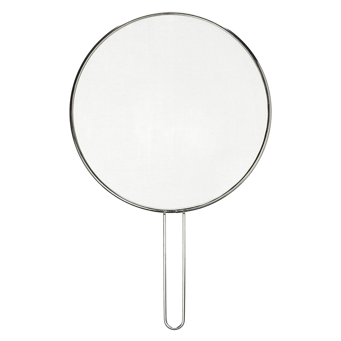 Round stainless steel splatter screen with fine mesh and long handle, designed to protect kitchen surfaces, featured in Kitchen & Food, Kitchen Gadgets, Cooking and Baking Helpers, Best Sellers, and Promo Eligible collections.