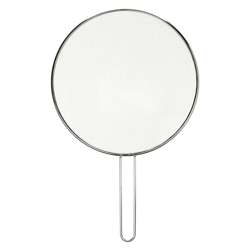 Round stainless steel splatter screen with fine mesh and long handle, designed to protect kitchen surfaces, featured in Kitchen & Food, Kitchen Gadgets, Cooking and Baking Helpers, Best Sellers, and Promo Eligible collections.