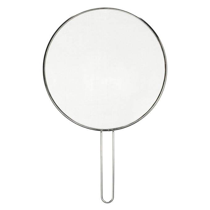 Round stainless steel splatter screen with fine mesh and long handle, designed to protect kitchen surfaces, featured in Kitchen & Food, Kitchen Gadgets, Cooking and Baking Helpers, Best Sellers, and Promo Eligible collections.