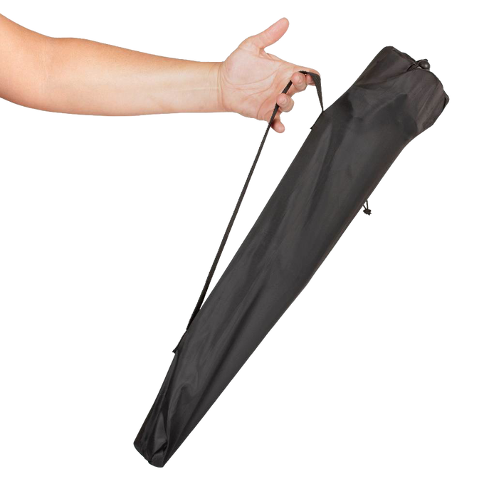Hand holding a compact black carry bag with a shoulder strap, designed for easy transport of a lightweight four-legged folding stool, perfect for camping and outdoor use in Farm, Garden & Tool, Camping, Best Sellers, Promo Eligible, and Sale collections.