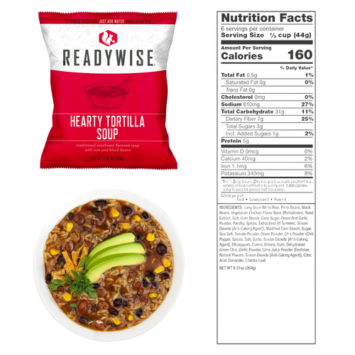 Single-serving package of hearty tortilla soup with rice and black beans, shown with prepared soup garnished with avocado slices and cilantro, accompanied by nutrition facts, featured in Kitchen & Food and Emergency Supplies collections.