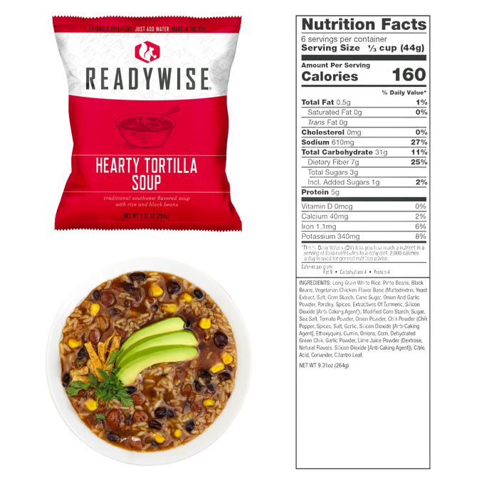 Single-serving package of hearty tortilla soup with rice and black beans, shown with prepared soup garnished with avocado slices and cilantro, accompanied by nutrition facts, featured in Kitchen & Food and Emergency Supplies collections.