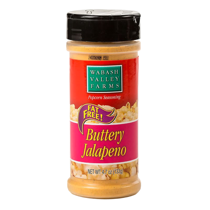 Plastic shaker container of fat-free Buttery Jalapeno popcorn seasoning with red and pink label, made in USA, featured in Kitchen & Food, Snacks and Sweets, Popcorn, USA Made, Best Sellers, and Promo Eligible collections.