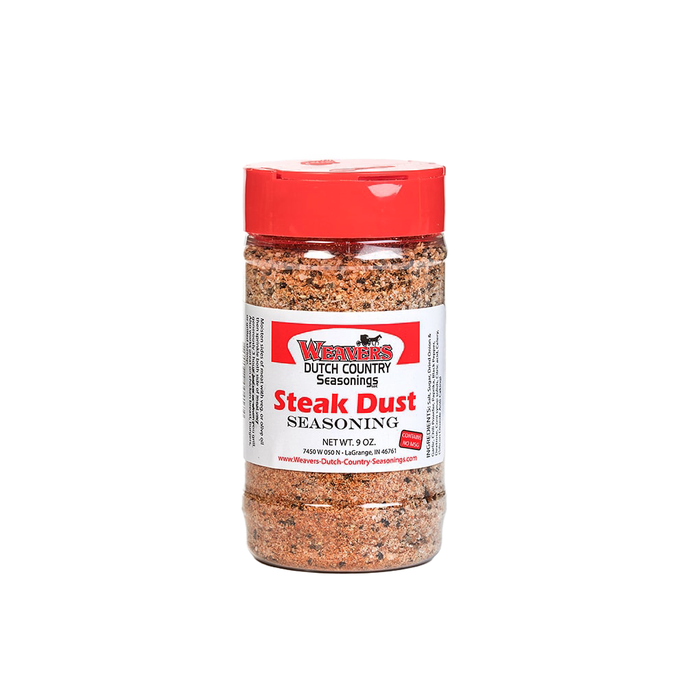 Clear shaker bottle of seasoned steak dust with red cap and labeled front, featuring a flavorful blend made in USA, perfect for Kitchen & Food, Pantry, and Best Sellers collections.