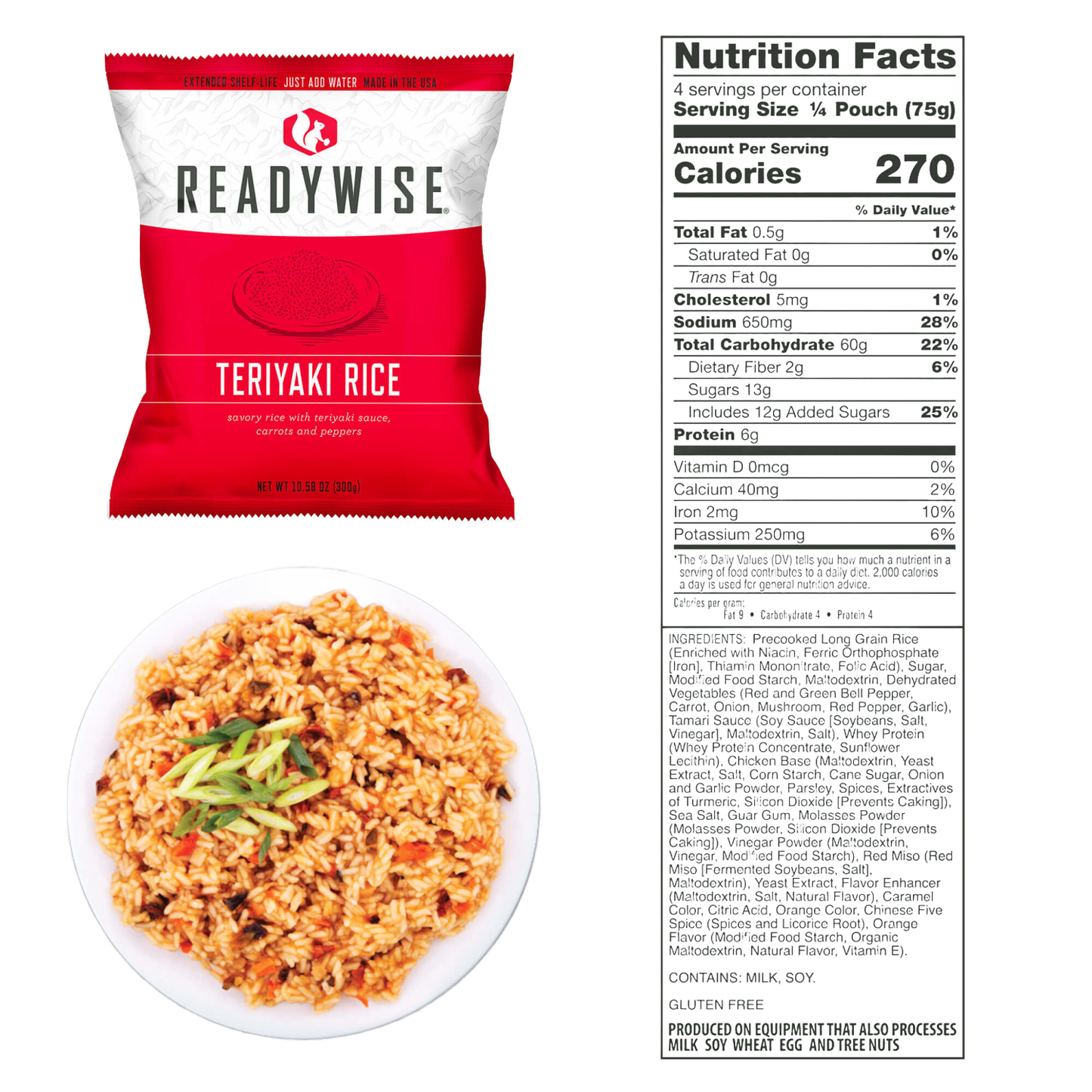 Single-serving packet of gluten-free teriyaki rice with carrots and peppers, alongside a prepared bowl of the savory meal, featured in Emergency Supplies, USA Made, and Best Sellers collections.