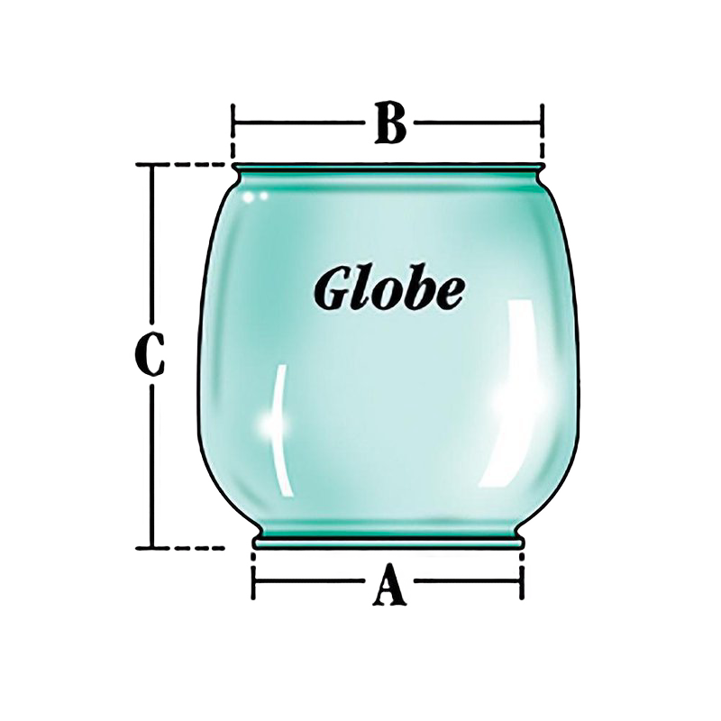 Clear replacement glass globe with precise base, top diameters, and height measurements, suitable for vintage and camping lanterns, featured in Lamps & Lighting and Emergency Supplies collections.