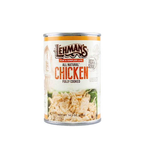 Tin of Lehman's canned chicken with natural ingredients, fully cooked and ready to heat and serve, ideal for Kitchen & Food, Food, Meats, and Best Sellers collections.