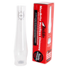 Clear glass oil lamp chimney with printed logo shown next to red packaging emphasizing MAXBrite heel-less design for enhanced brightness, ideal for Lamps & Lighting, Parts and Accessories, Chimneys and Globes, Best Sellers, and Promo Eligible collections.