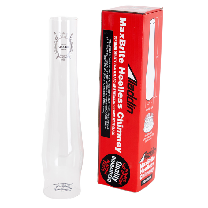 Clear glass oil lamp chimney with printed logo shown next to red packaging emphasizing MAXBrite heel-less design for enhanced brightness, ideal for Lamps & Lighting, Parts and Accessories, Chimneys and Globes, Best Sellers, and Promo Eligible collections.
