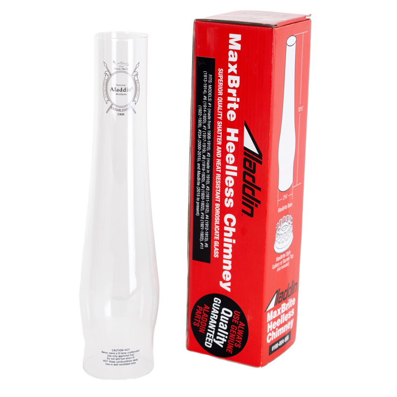 Clear glass oil lamp chimney with printed logo shown next to red packaging emphasizing MAXBrite heel-less design for enhanced brightness, ideal for Lamps & Lighting, Parts and Accessories, Chimneys and Globes, Best Sellers, and Promo Eligible collections.