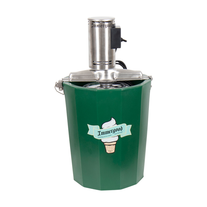 Green insulated fiberglass ice cream freezer with stainless steel electric motor mounted on top, designed for easy homemade ice cream in Kitchen & Food, Specialty Equipment, Making Ice Cream collections.