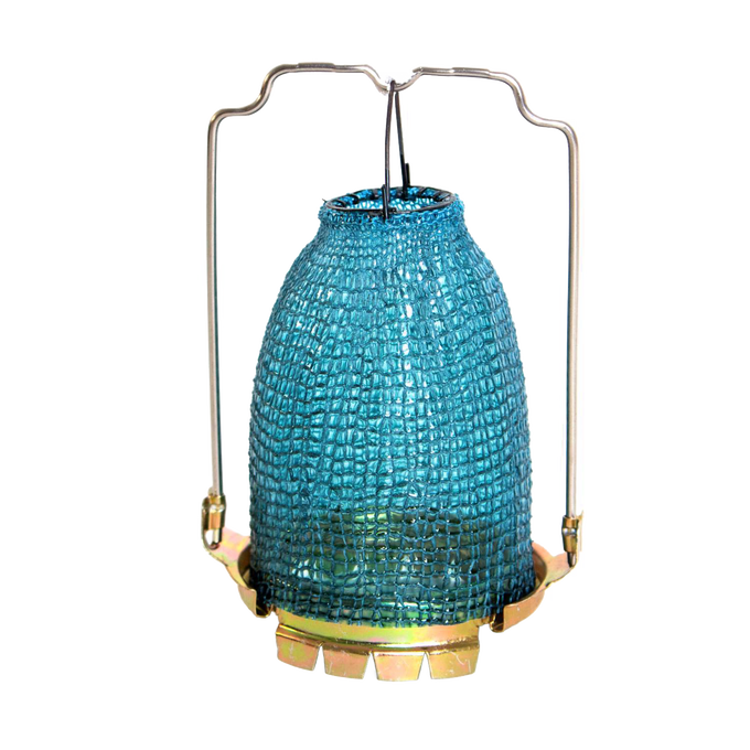 Handcrafted blue glass lamp chimney with a textured pattern and metal frame, designed for use with oil lamps, featured in Lamps & Lighting, Oil Lamps, Table Lamps, Best Sellers, and Promo Eligible collections.