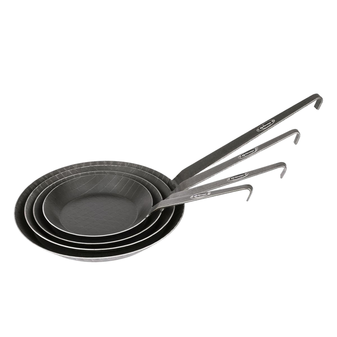 Stack of four handcrafted wrought iron pans with long handles, showcasing durable construction ideal for cooking indoors or outdoors in Farm, Garden & Tool, Kitchen & Food, Camping, Cookware, Pots and Pans, Best Sellers, and Promo Eligible collections.