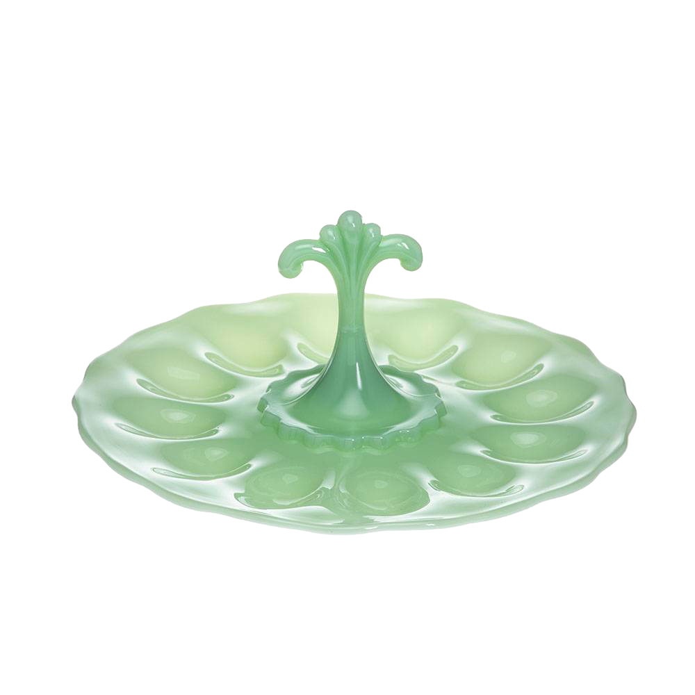 Unique handcrafted milk glass egg plate in soft green with an elegant central handle, ideal for Kitchen & Food, Storage and Serving, USA Made, Best Sellers, and Promo Eligible collections.