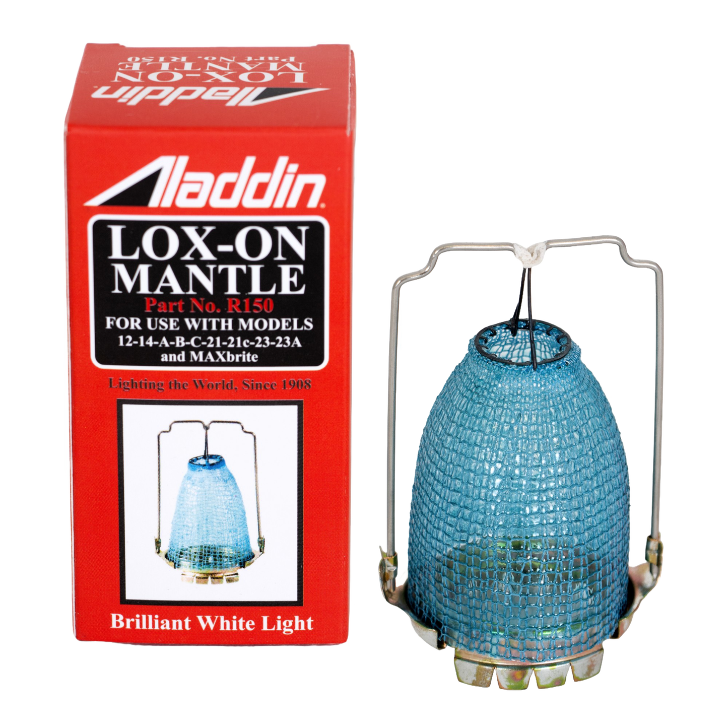 Red and black packaged Aladdin Lox-On Mantle with blue flame net and metal frame, designed as a replacement part for lamps, featured in Lamps & Lighting and Best Sellers collections.