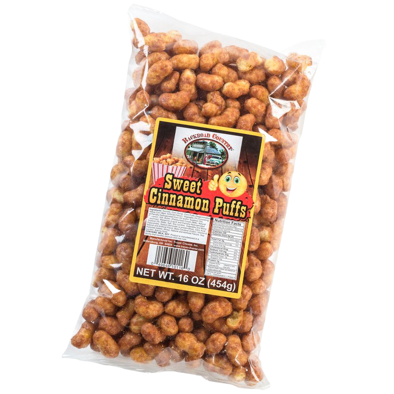 Clear bag of handcrafted sweet cinnamon puffs, weighing 16 ounces, made in USA, featured in Kitchen & Food, Snacks and Sweets, USA Made, Best Sellers, and Promo Eligible collections.