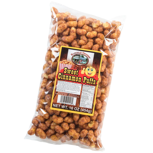 Clear bag of handcrafted sweet cinnamon puffs, weighing 16 ounces, made in USA, featured in Kitchen & Food, Snacks and Sweets, USA Made, Best Sellers, and Promo Eligible collections.