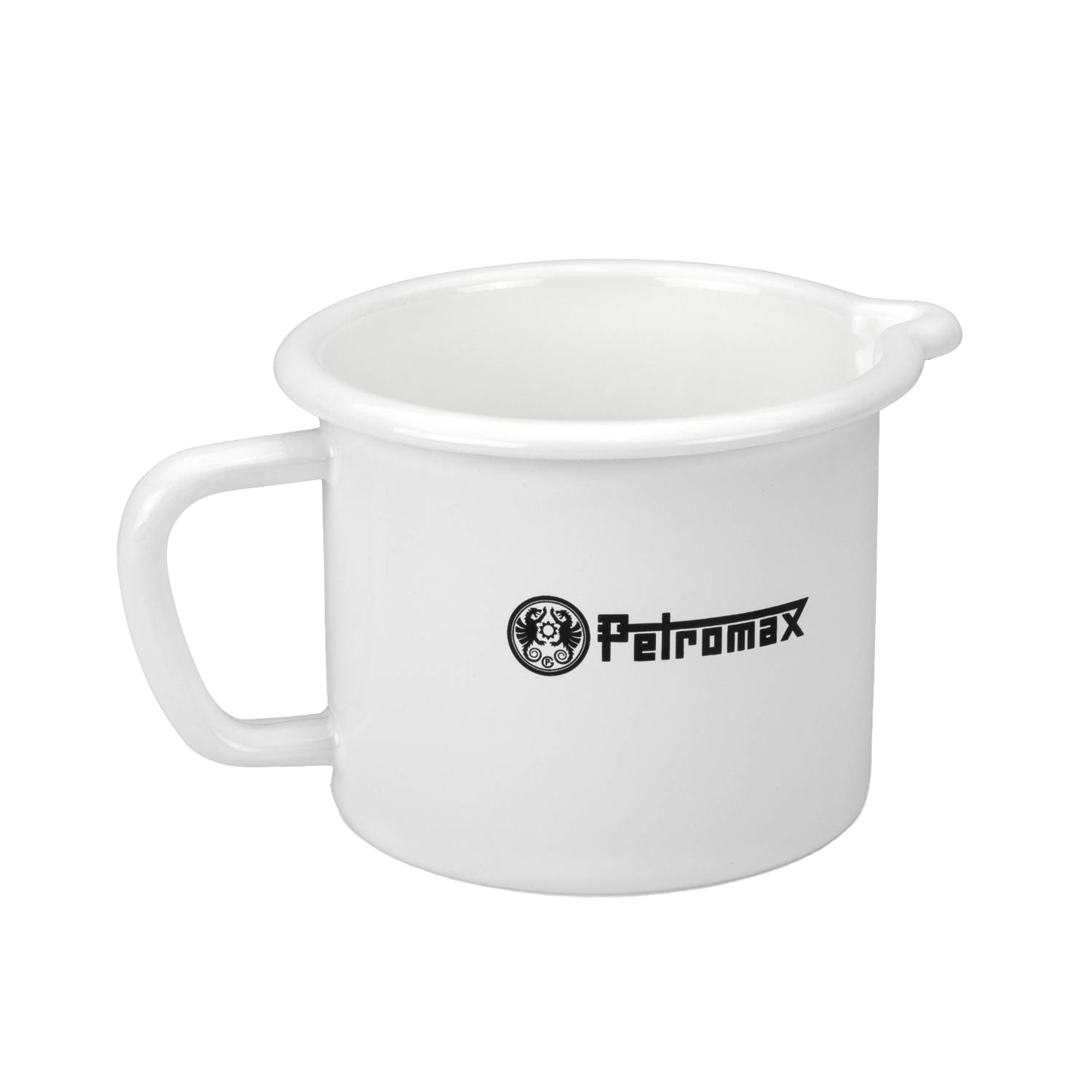 White enameled steel milk pot with a sturdy handle and pour spout, handcrafted for reliable outdoor use in Farm, Garden & Tool, Kitchen & Food, Camping, Cookware, Pots and Pans, Best Sellers, and Promo Eligible collections.