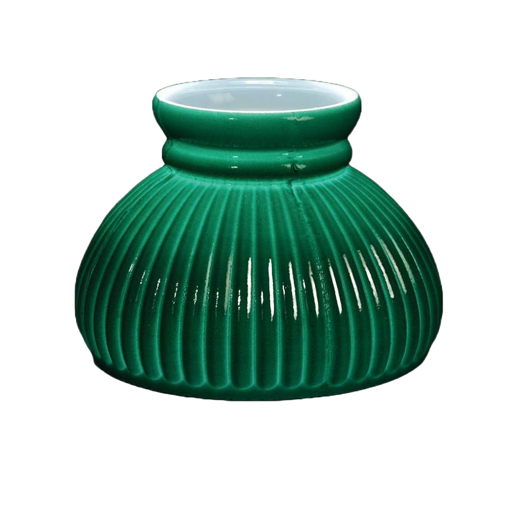 Handcrafted American-made green ribbed glass lamp shade with a smooth, sprayed dark green finish, designed for oil lamps, featured in Lamps & Lighting and Lamp Shades collections.