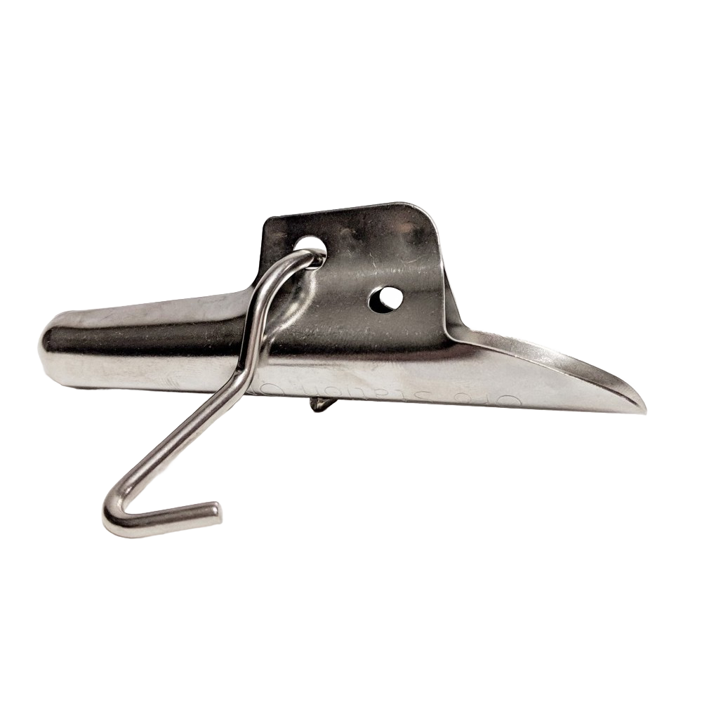 Heavy-duty stainless steel bucket spile with attached hook for hanging collection buckets during tree tapping, designed for durability and multiple seasons of use in Farm, Garden & Tool, Orchard and Grove, Maple Syrup Sugaring Supplies, Best Sellers, and Promo Eligible collections.